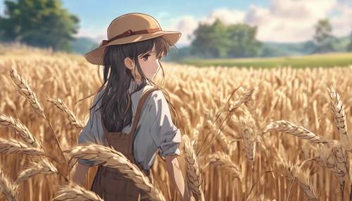 An anime style illustration of a cute country girl standing in a gently swaying field of wheat.