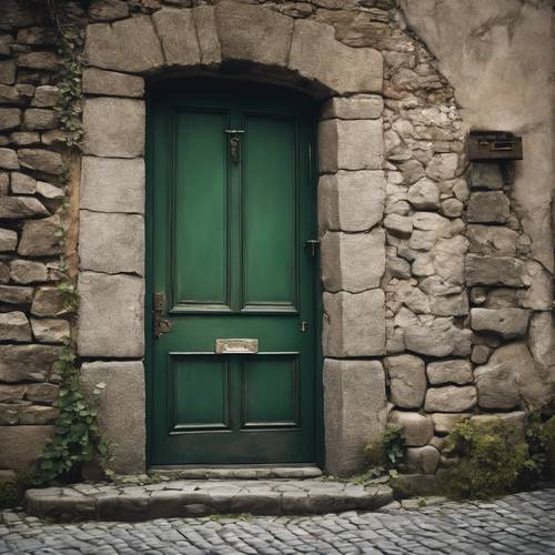 דלת מסתורית בצבע ירוק כהה בקצה סמטה מרוצפת.