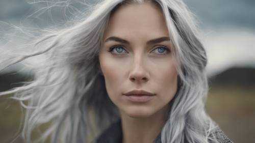 An up-close portrait of a gray-eyed woman, her silvery hair flowing gently in the wind under a cloudy sky.