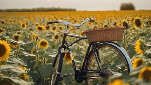 Uma bicicleta vintage com um cesto, apoiada num campo de girassóis sob o sol de verão.