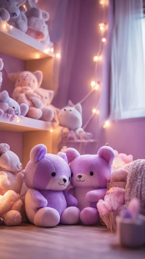 淡紫色的可爱主题房间，里面摆满了柔软的毛绒玩具和童话灯。