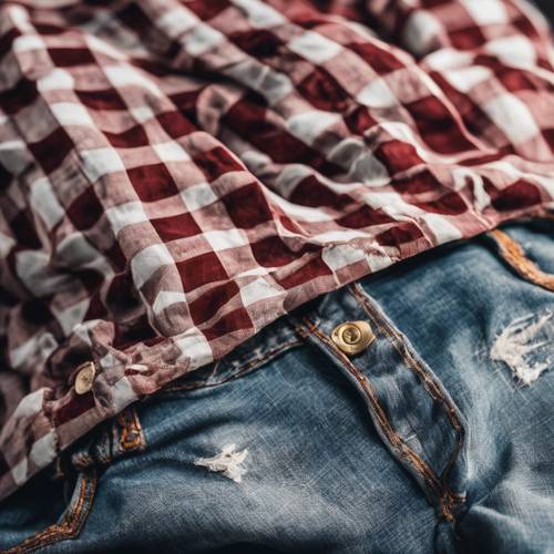 Close up of a red and white checkered shirt, with a pair of worn-out blue jeans and brown cowboy boots.