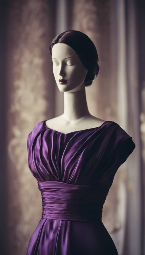 Ciemnofioletowa jedwabna suknia elegancko udrapowana na manekinie w stylu vintage.
