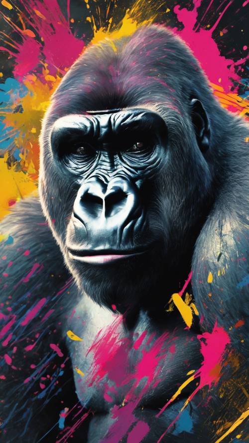 An abstract representation of a gorilla's form and power, painted in bright, bold brush strokes.