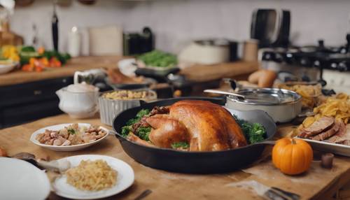 Zeitraffer-Fotoszene von der Essenszubereitung bis zum Einschlafen der Familie nach dem Thanksgiving-Dinner.