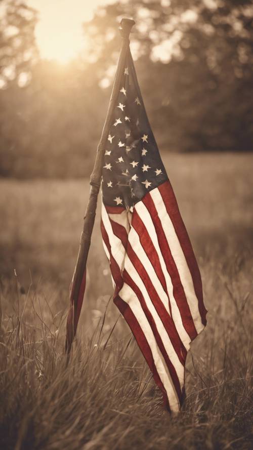 Ein altes Sepiafoto einer amerikanischen Flagge während des Bürgerkriegs.