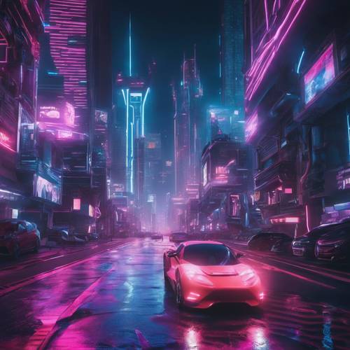 Una strada cittadina futuristica immersa nelle luci al neon, con auto sospese e imponenti grattacieli high-tech.