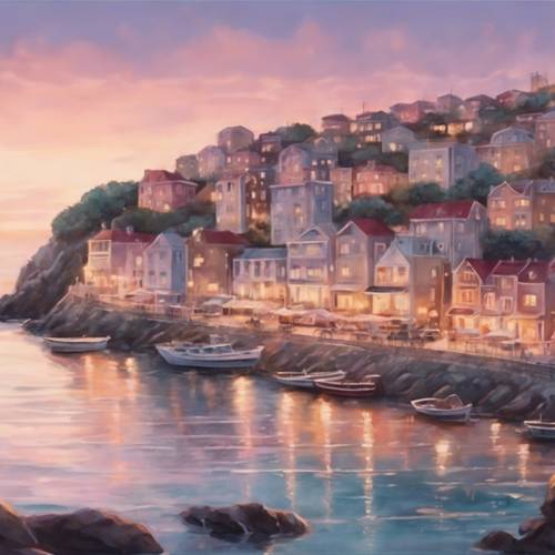 一幅涼爽、柔和的畫作，描繪了黃昏時寧靜的海岸小鎮。