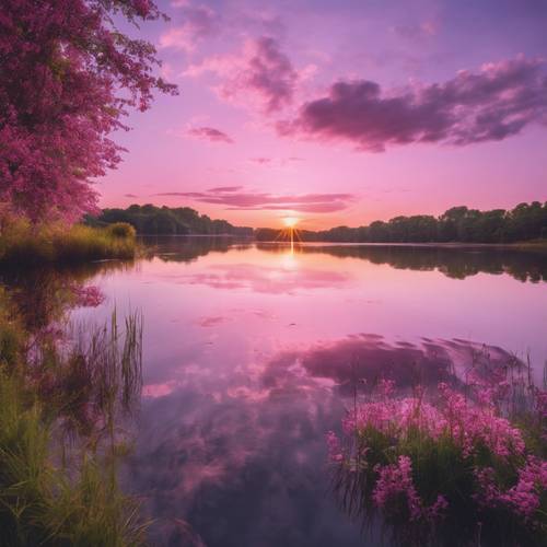 A pink and purple sunset over the clear, calm waters of a lake.