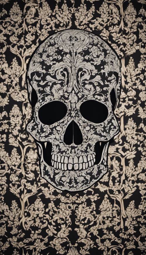 A spacious room featuring a wall covered in black Gothic Damask wallpaper with ornate skull patterns
