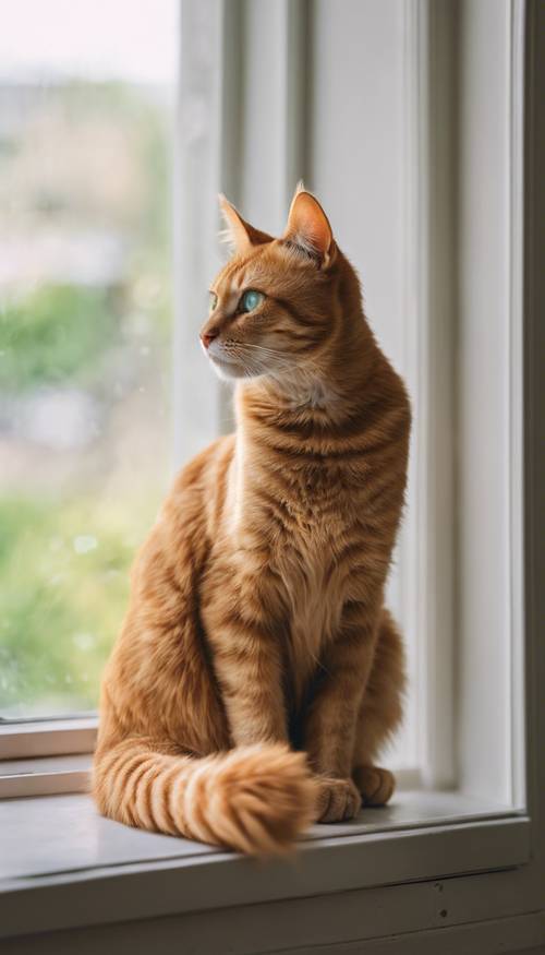 一隻橘色的虎斑貓，有著清澈的綠色眼睛，坐在窗台上。