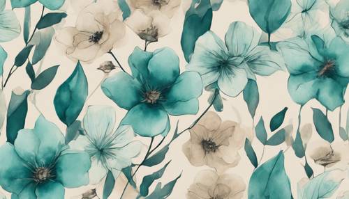 米色表面上以豐富的青色水彩色調繪製的花卉設計
