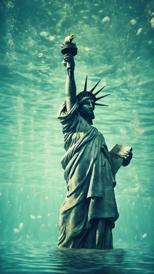 Fotos subaquáticas de uma Estátua da Liberdade submersa fictícia, com criaturas marinhas nadando.