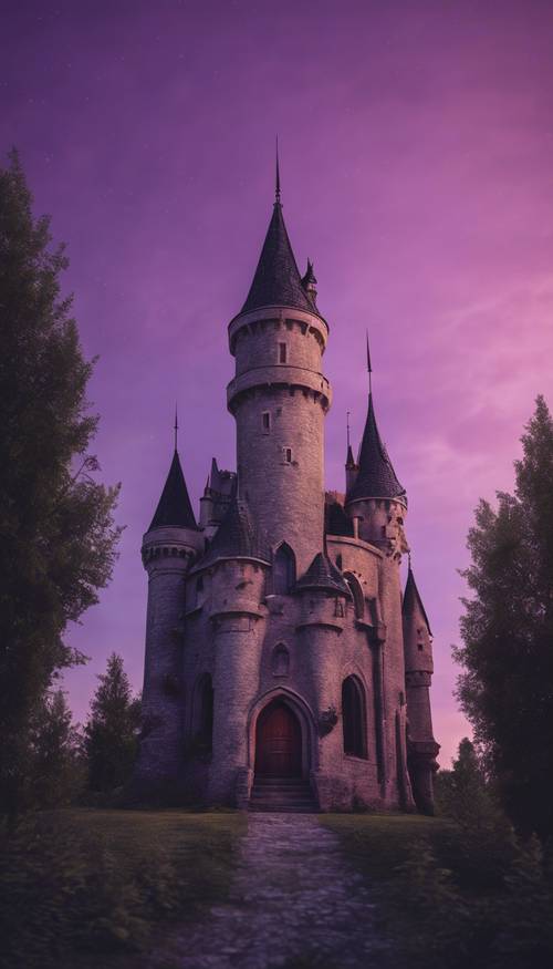 A cute, small gothic castle standing under the purple twilight sky. Tapet [5248ef6c6db9454487ee]