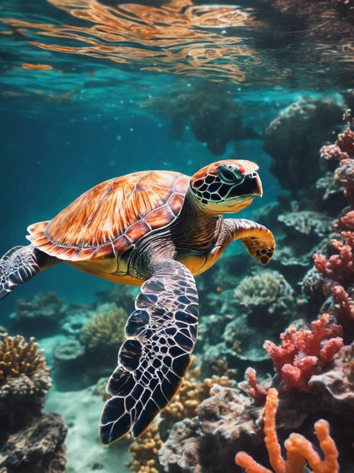 Podwodne ujęcie żółwia morskiego prześlizgującego się przez skupiska kolorowych koralowców.