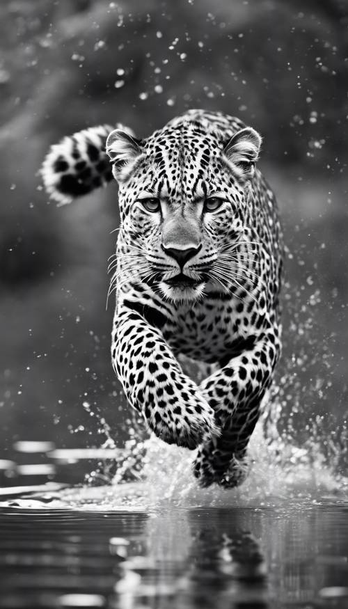 Леопард в прыжке через ручей, мастерски запечатленный на черно-белой фотографии.