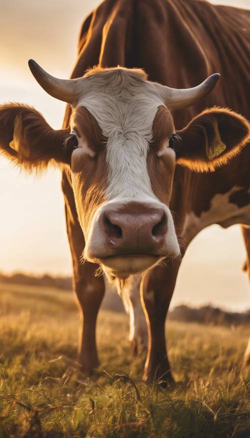 Uma vaca adulta e musculosa, majestosamente parada ao nascer do sol dourado em uma planície gramada.