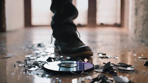 An emo boy's shoe stepping on a smashed CD, reflecting the bittersweetness of broken music.