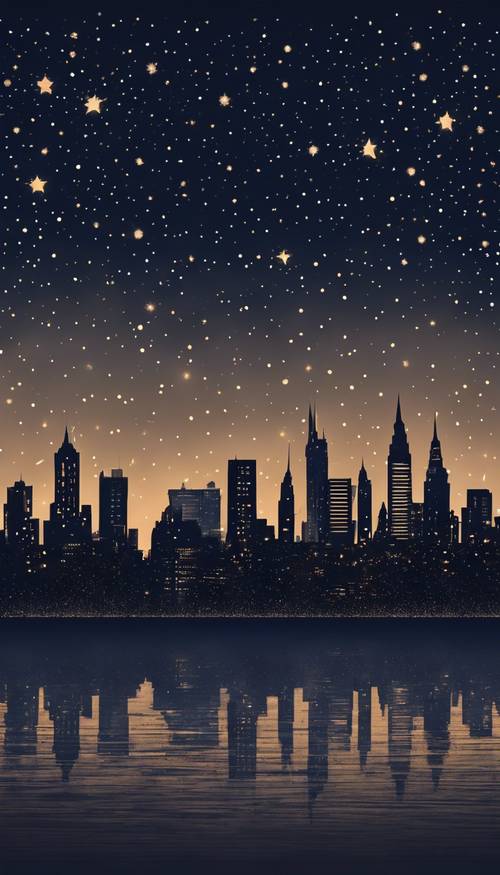 在星光闪烁的深蓝色夜空中，城市天际线的轮廓清晰可见。