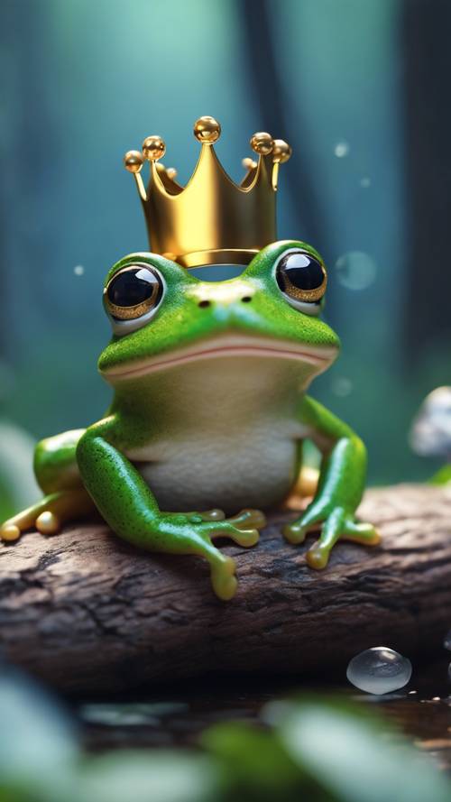 Kawaii-style frog prince, complete with a tiny golden crown, waiting for a kiss in a magical forest.