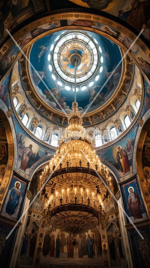 Impresionante interior de la iglesia con lámpara de araña gigante