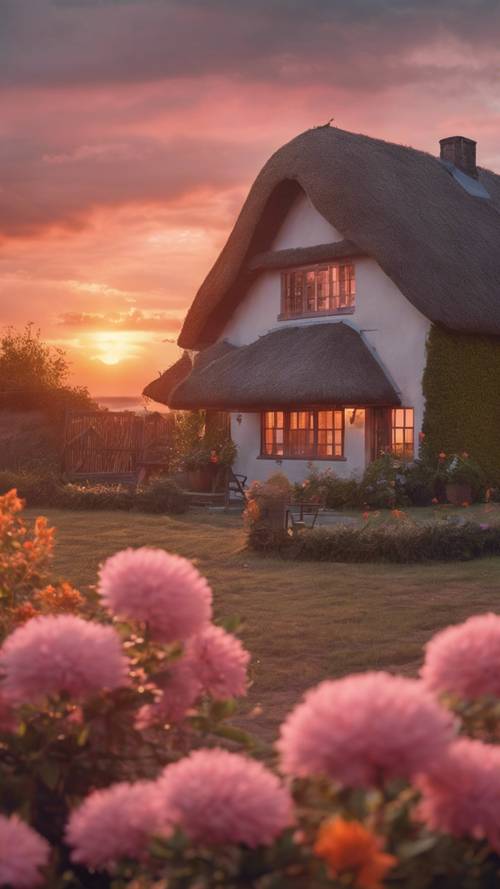 A homey semi-thatched cottage depicted at sunset, the sky awash with hues of pink and orange.