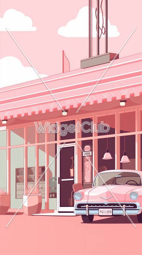 Restaurante rosa con coche clásico