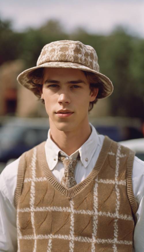 Hombre joven preppy con estilo Y2K, vestido con pantalones color caqui, un chaleco con estampado de rombos y un sombrero de pescador color beige.