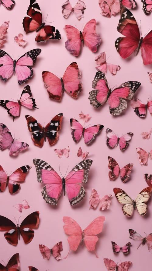 Imagens coladas de borboletas rosa com diferentes padrões e tamanhos.