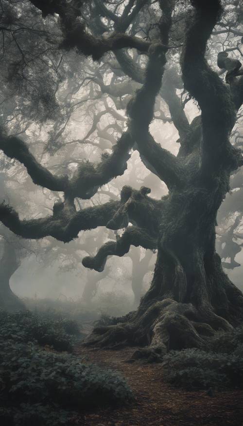 Un amplio jardín oscuro que se desvanece en una niebla espeluznante mientras árboles centenarios y retorcidos se alzan siniestramente.