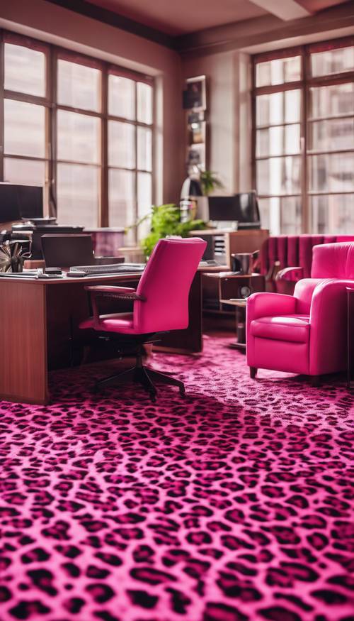 Ein Bild eines aufgeräumten, organisierten Büros, in dem der Teppich ein elegantes Leopardenmuster in Pink aufweist.