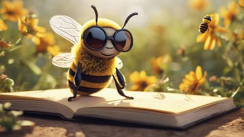 Uma capa de livro infantil ilustrada com uma abelha fofa e amigável usando óculos minúsculos.