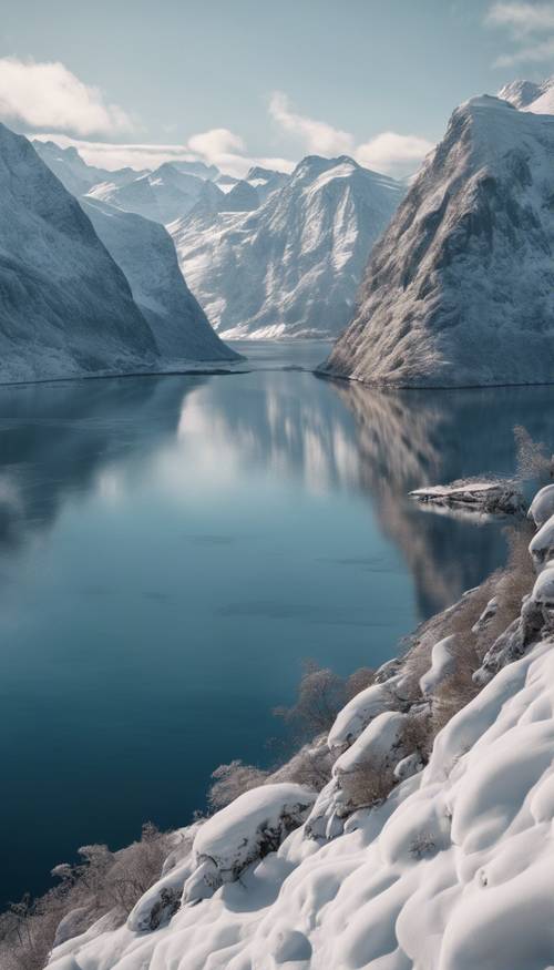 Ein ruhiger Fjord, umgeben von hohen schneebedeckten Bergen unter dem strahlend blauen Himmel