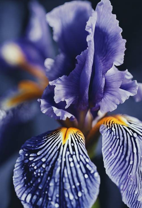 Image en gros plan d’un iris bleu marine, montrant les détails de son motif complexe.