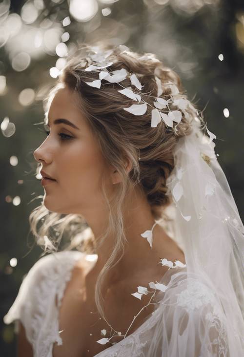 Folhas brancas espalhadas adornando o cabelo de uma linda noiva.