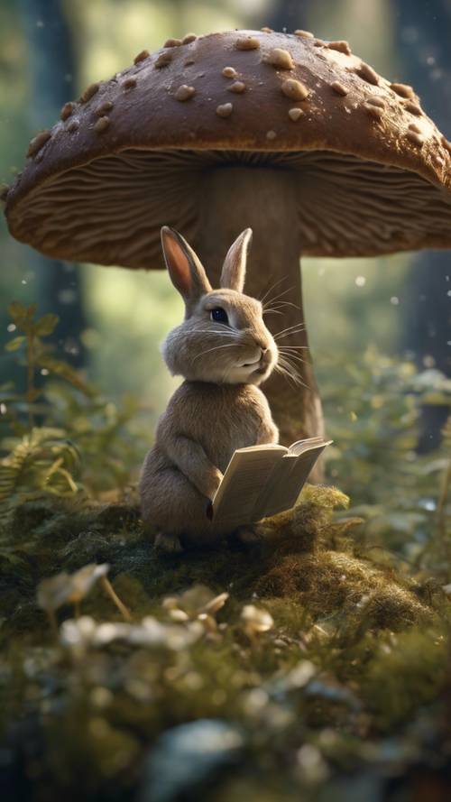 A studious rabbit reading a book under a mushroom in an enchanted forest.