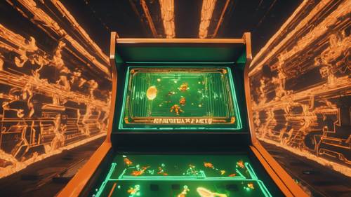 شاشة ألعاب فيديو على طراز الممرات القديمة تصور سفن الفضاء البرتقالية تهاجم الكائنات الفضائية الخضراء الصغيرة.