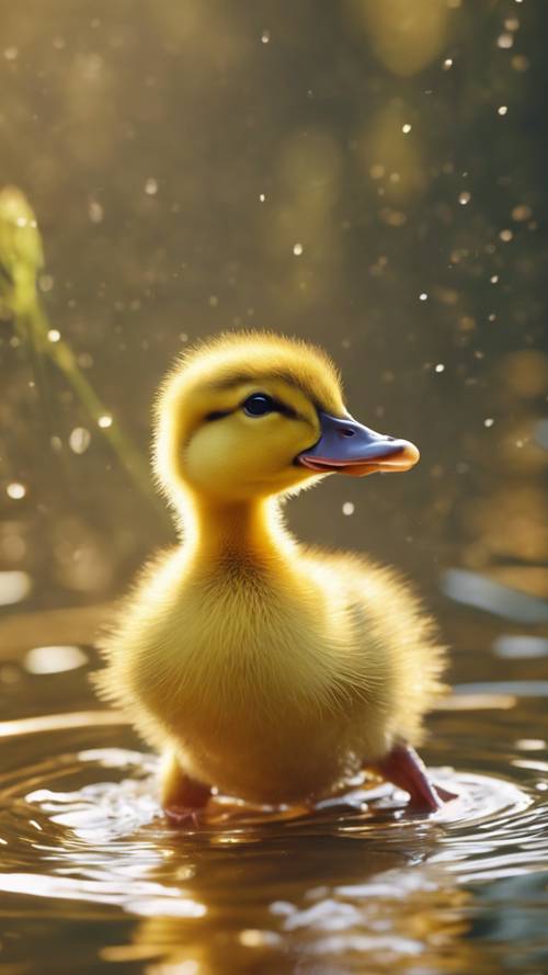 귀여운 노란 오리 새끼가 부드러운 햇빛이 반짝이는 따뜻하고 얕은 연못에서 처음으로 수영을 하고 있습니다.