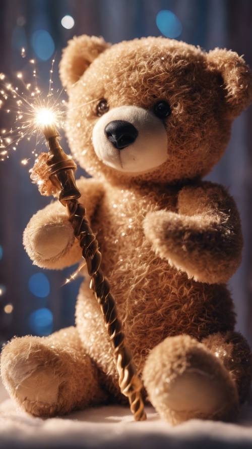 Seekor boneka beruang memegang tongkat ajaib berkilau.