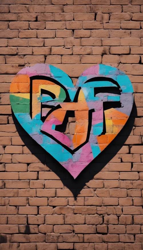 An artistic graffiti on a brick wall featuring a colorful half heart piece with the letters 'BFF' on it.