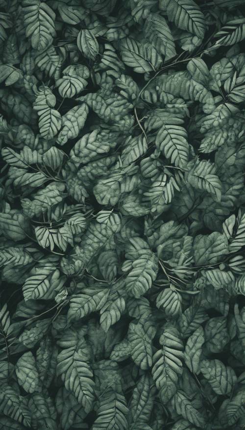 Темно-зеленый лесной узор с замысловатыми деталями листьев и ветвей.