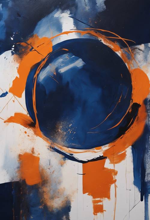 Ein abstraktes Gemälde mit kräftigen Strichen in Marineblau und Orange.