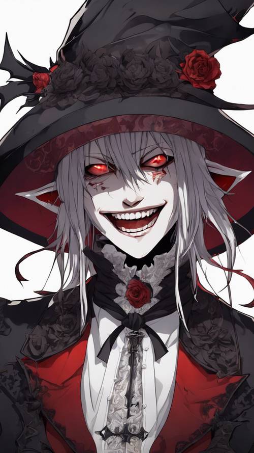 Um vampiro risonho em traje gótico com estética de anime.