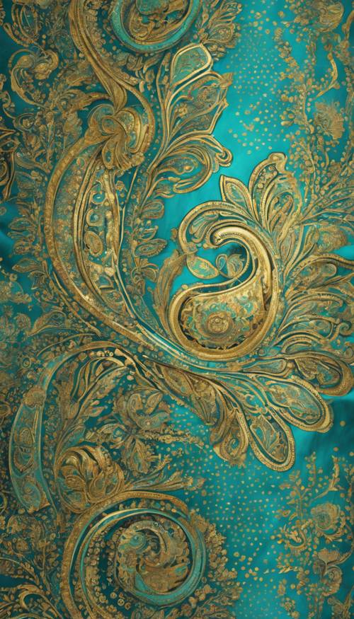 A vibrant turquoise and gold paisley pattern on silk