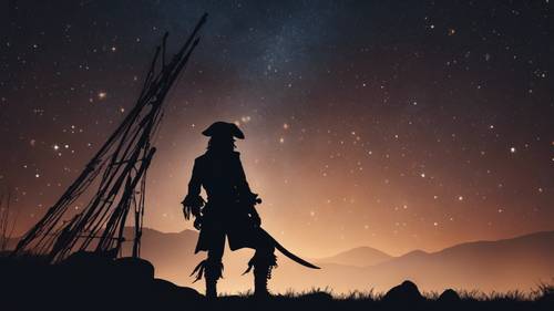 Silhouette di un pirata solitario, che racconta le sue avventure sotto il cielo stellato accanto a un falò.