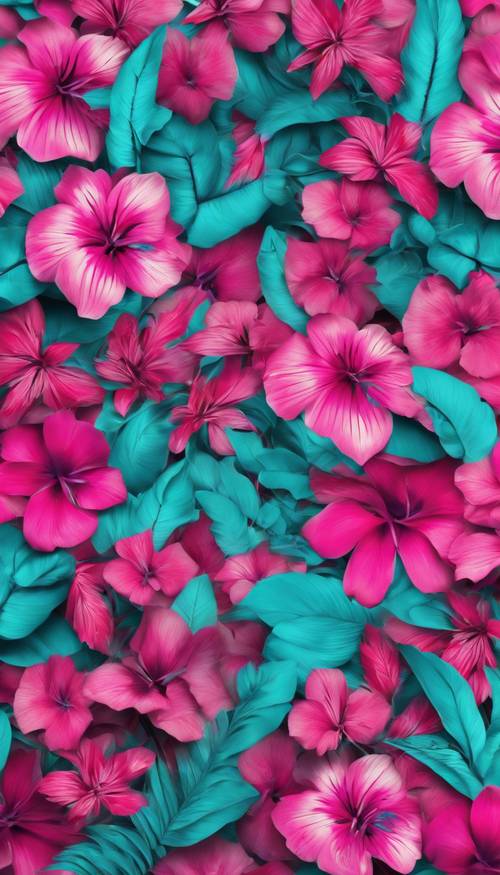 Tapete mit tropischen Blumenmustern in Pink und Türkis.