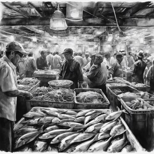 Uma aquarela em preto e branco repleta da energia caótica de um movimentado mercado de peixes.