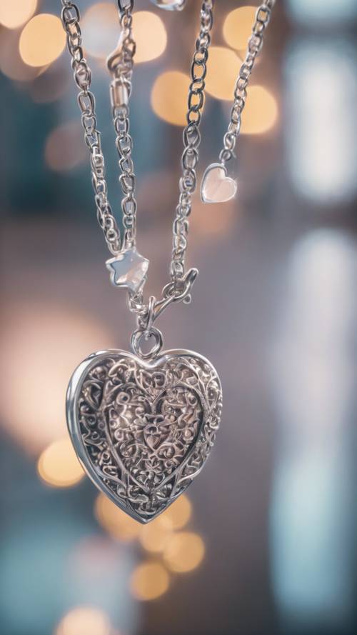A reflection of a preppy heart charm hanging on a faintly reflected Tiffany-style silver necklace.