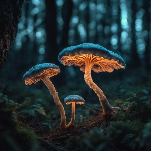 Uma visão mística de fungos bioluminescentes brilhando em uma floresta escura à noite.