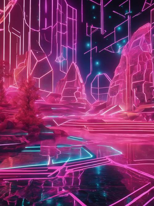 Lanskap dunia maya futuristik yang dipenuhi bentuk geometris neon mengambang.